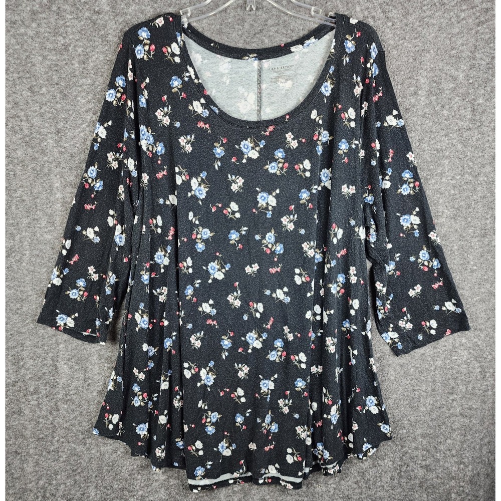 Lane Bryant Swing Tunic Women 22/24 Grey Floral 3/4 Sleeve Scoop Neck Knit Top